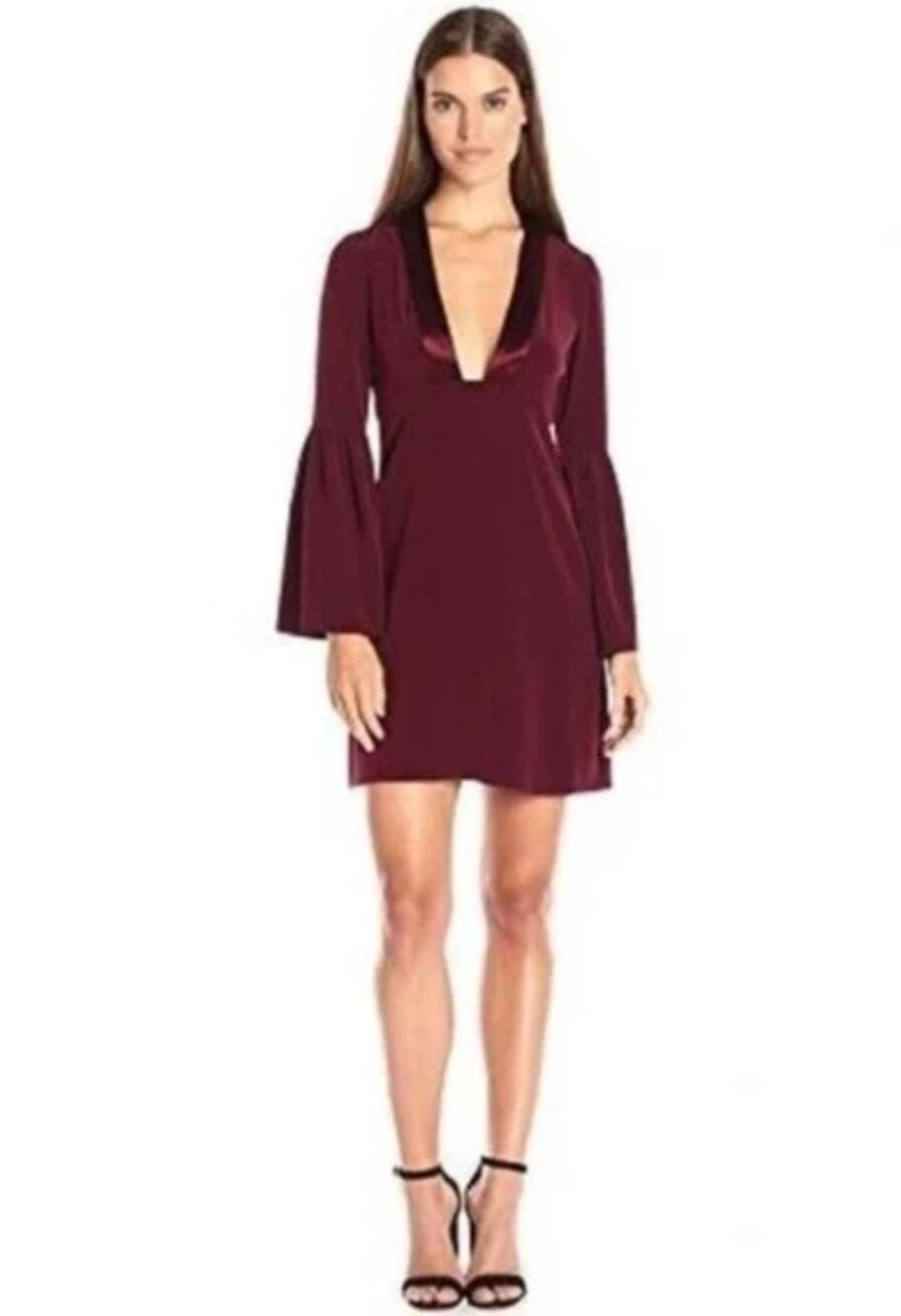 Jill Jill Stuart Womens 8 Burgundy Deep V Bell Sleeve Cocktail Mini Dress NEW